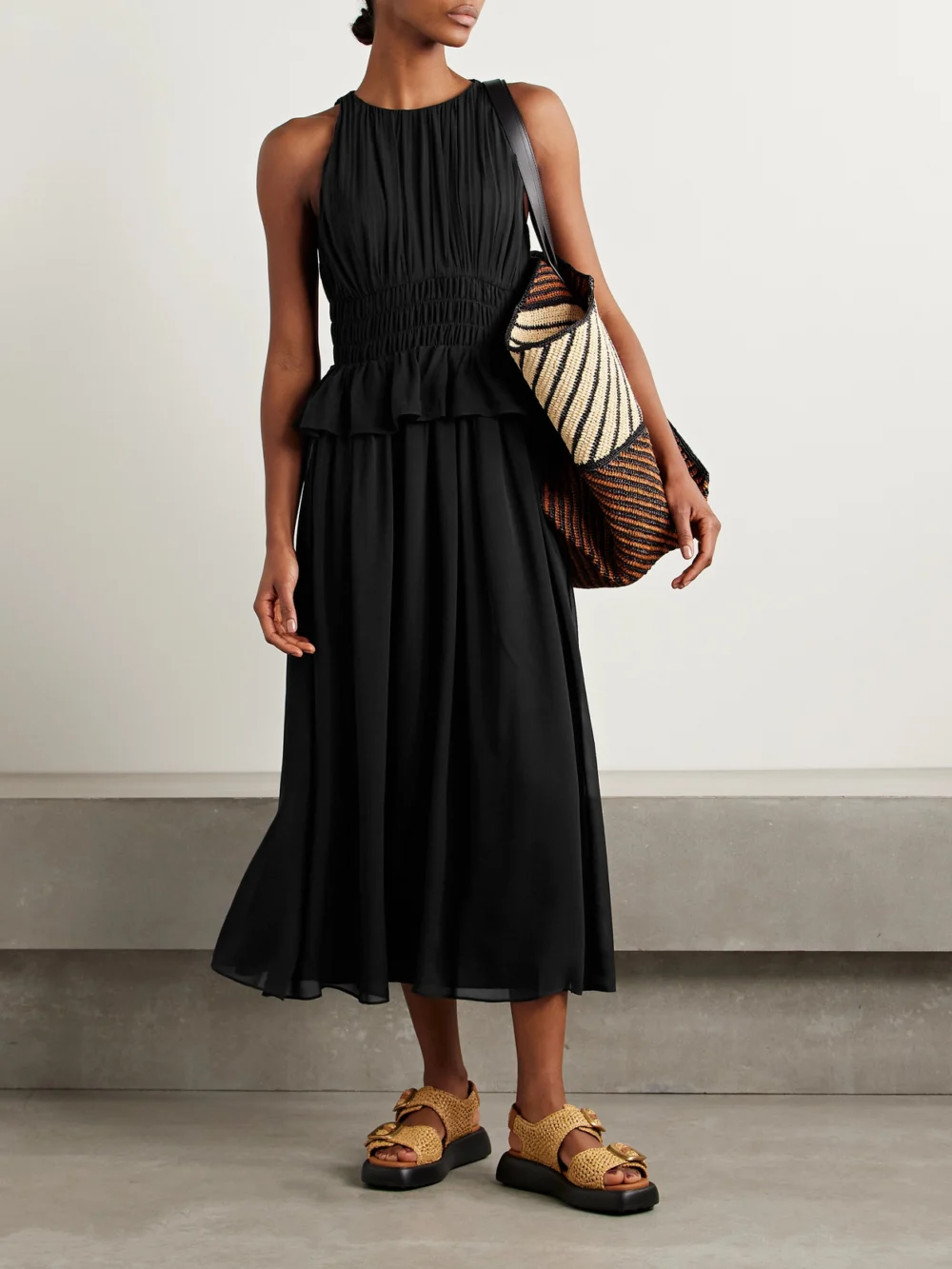 Ulla Johnson Adeline Shirred Silk Crepe De Chine Peplum Midi Dress, worn by a model