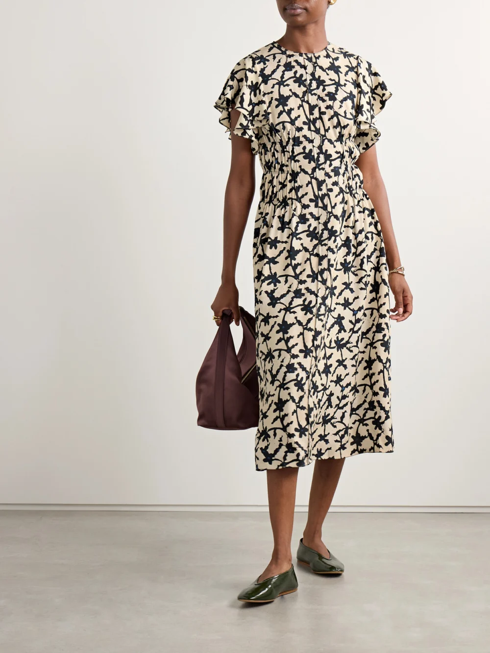 Ulla Johnson Anais Printed Crepe Midi Dress, worn by a model