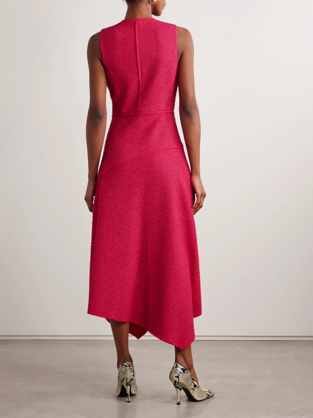 Back view of the Ulla Johnson Florence Chiffon-trimmed Cotton-blend Tweed Midi Dress