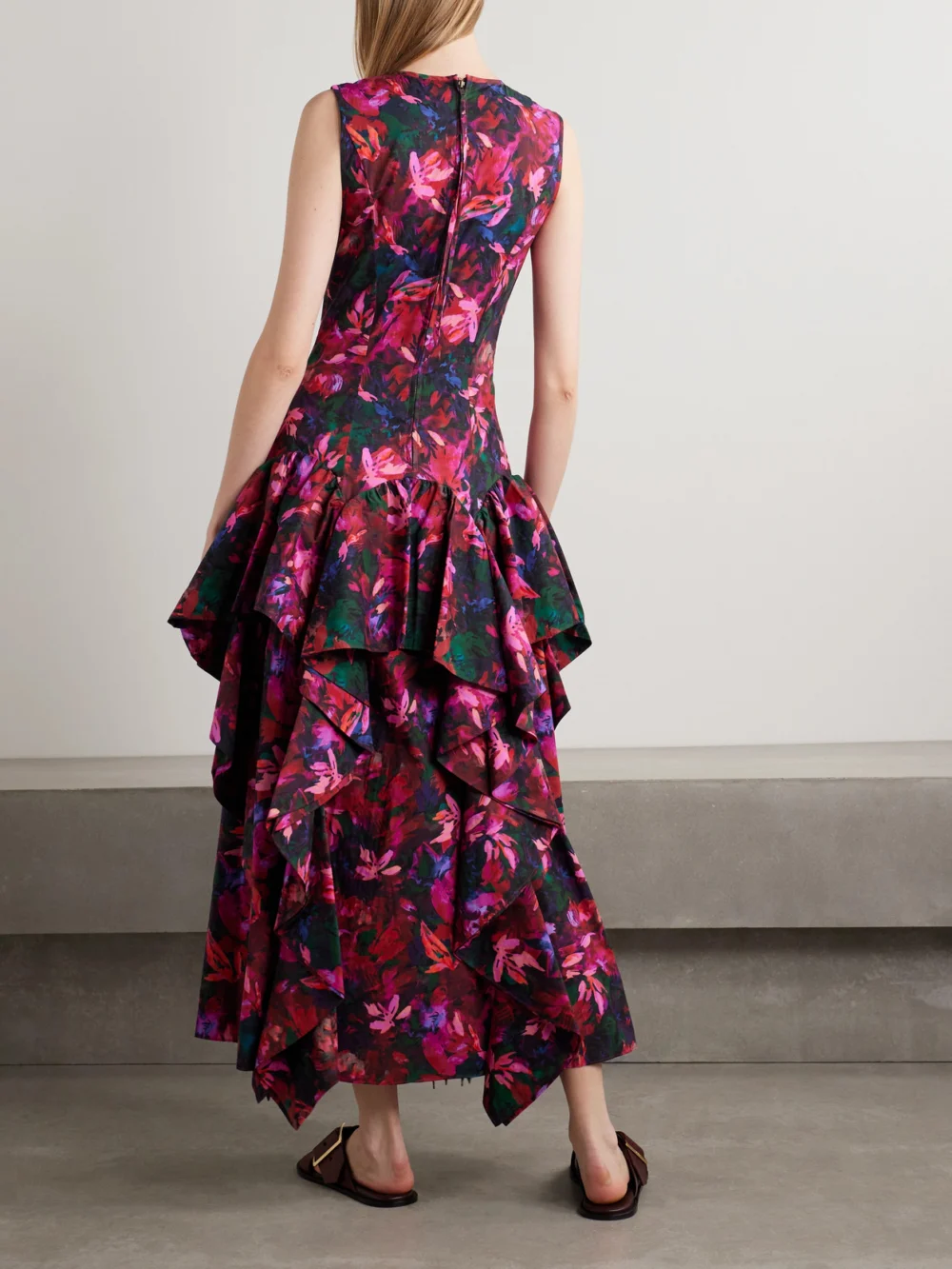 Back view of the Ulla Johnson Mural Ruffled Floral-print Cotton-poplin Maxi Dress