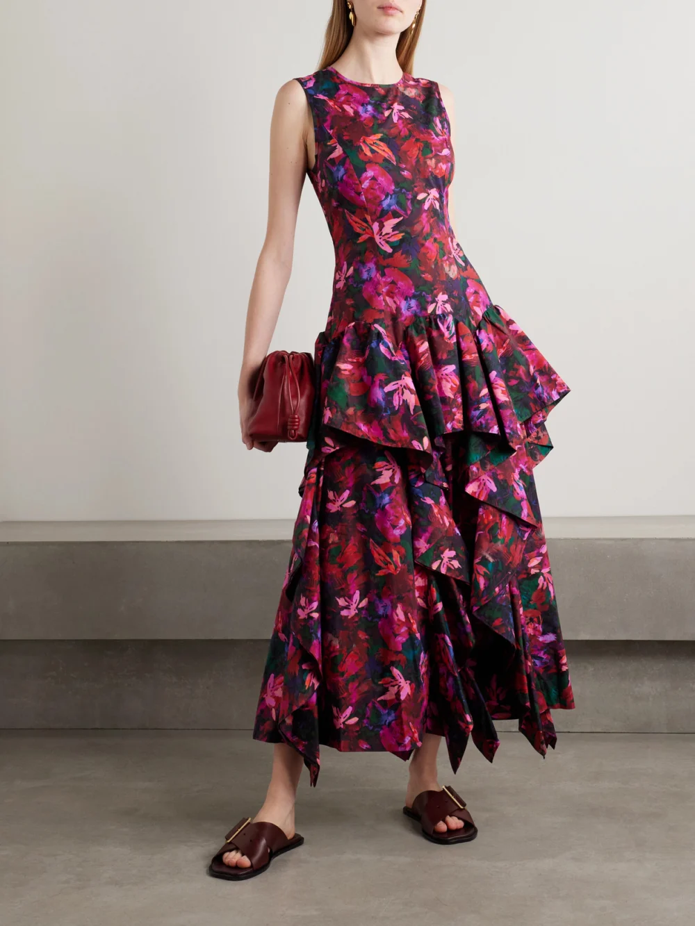 Ulla Johnson Mural Ruffled Floral-print Cotton-poplin Maxi Dress, worn by a model