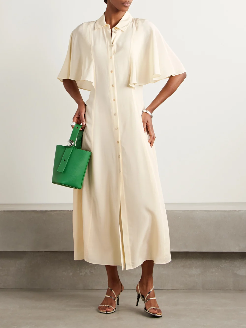 Ulla Johnson Silhouette Silk Crepe De Chine Midi Shirt Dress, worn by a model