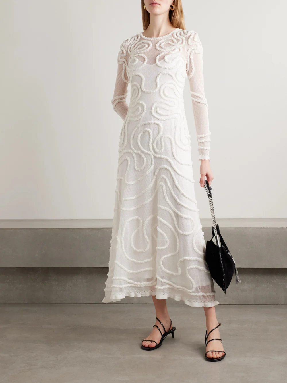 Ulla Johnson Valentina Appliquéd Pointelle-knit Midi Dress, worn by a model