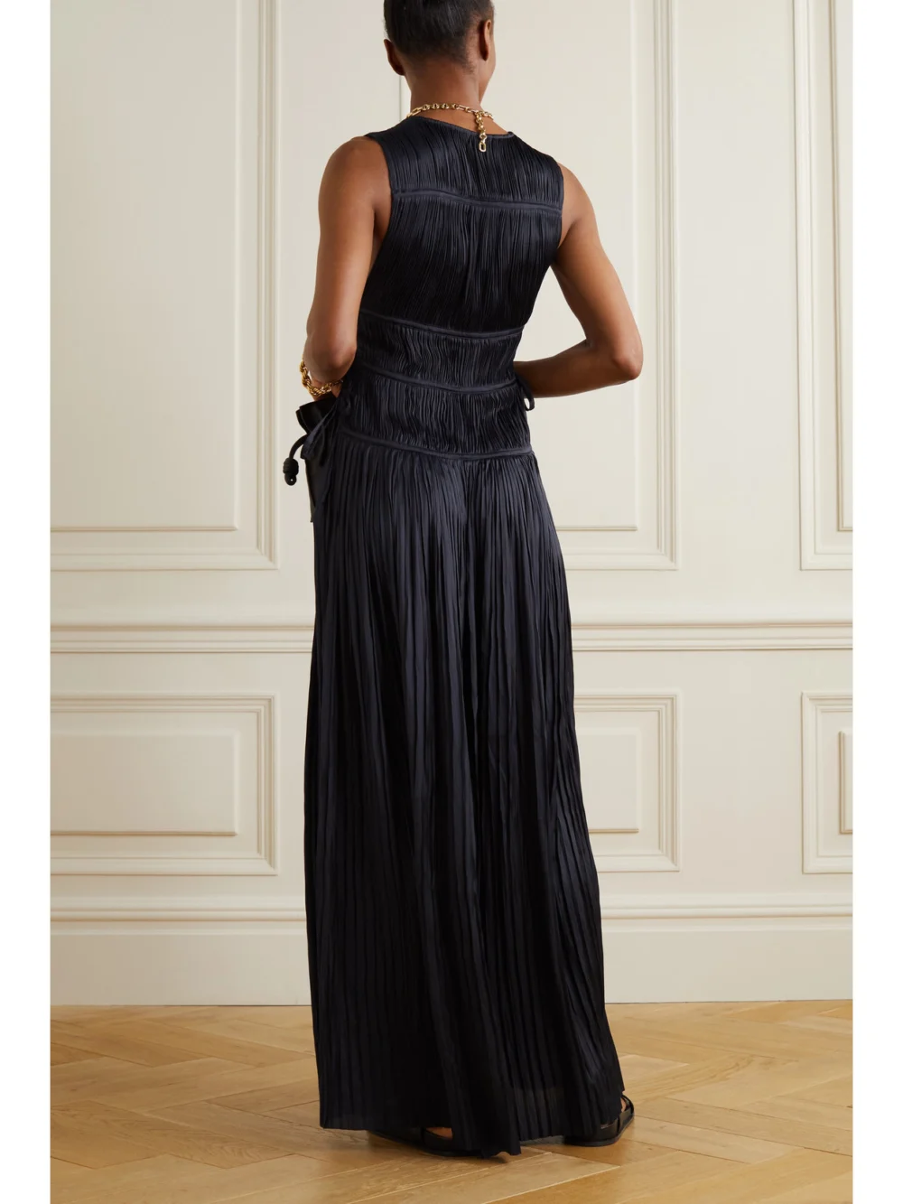 Back view of the Ulla Johnson Valeria Plissé-satin Maxi Dress