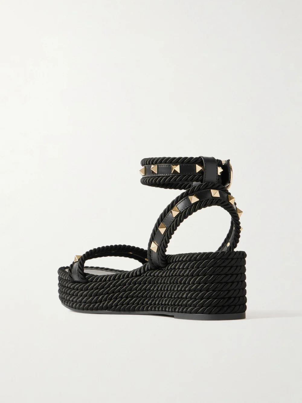 Back view of the Valentino Garavani Rockstud Torchon 60 Leather and Silk Rope Platform Espadrilles