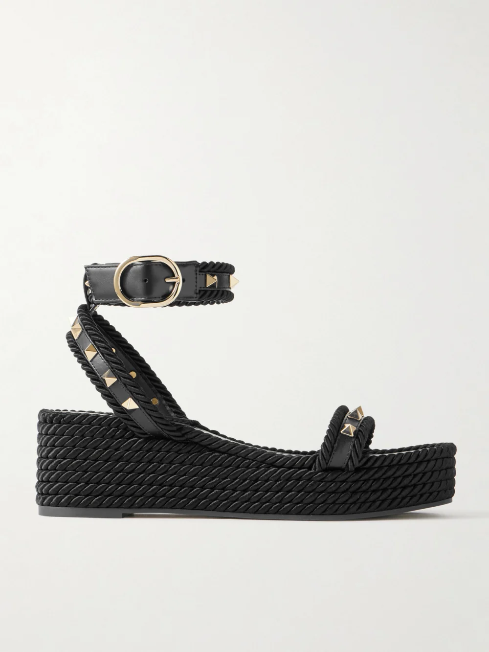 Valentino Garavani Rockstud Torchon 60 Leather and Silk Rope Platform Espadrilles in black