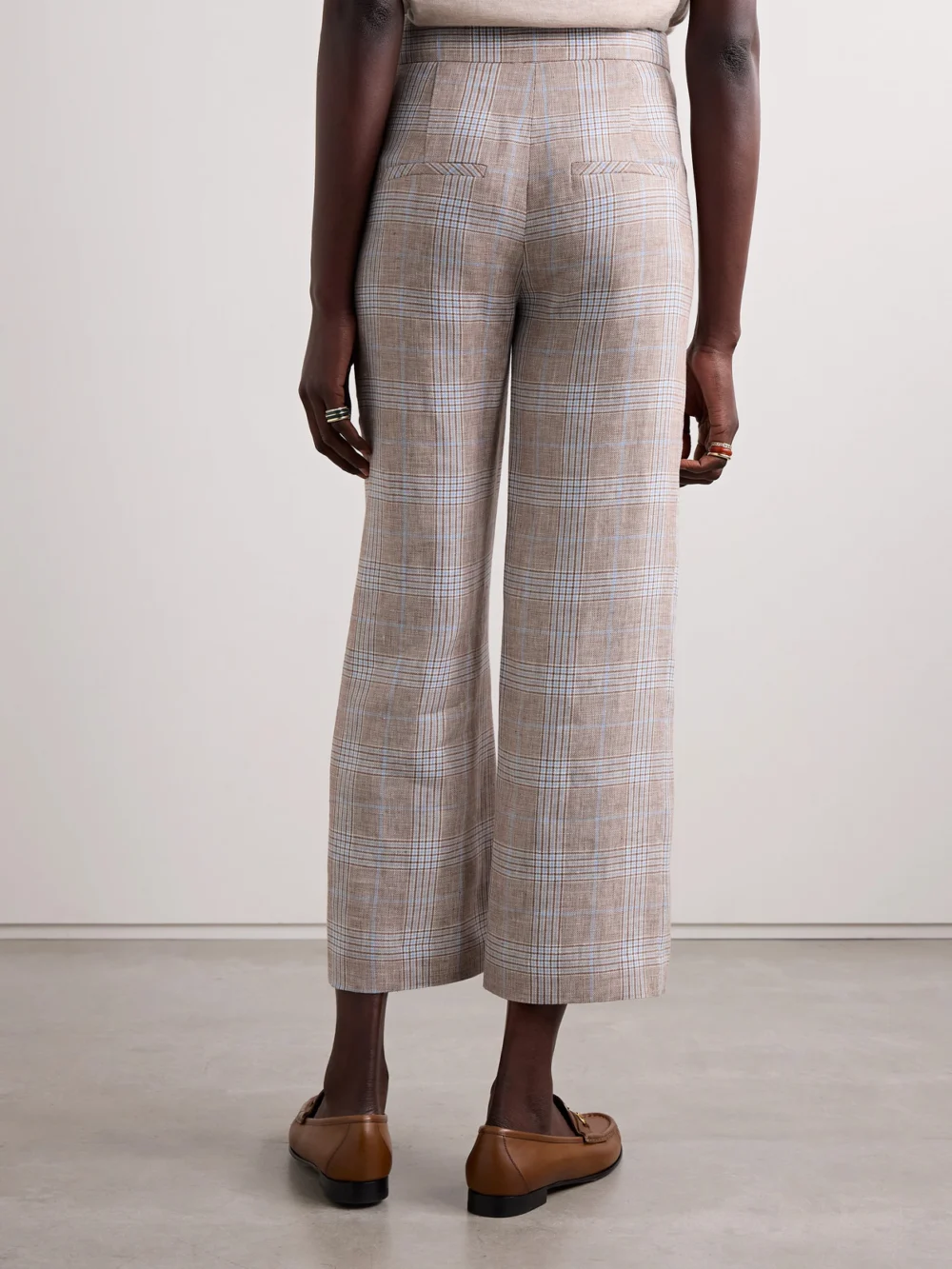 Back view of the Veronica Beard Brixton Cropped Checked Linen Wide-leg Pants