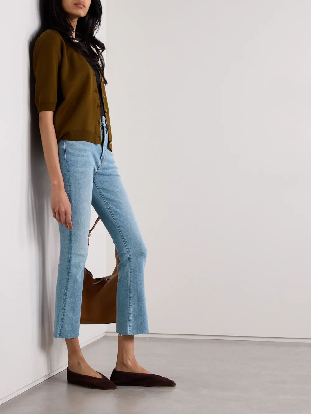 Veronica Beard Carolina Cropped High-rise Flared Jeans, worn by a model