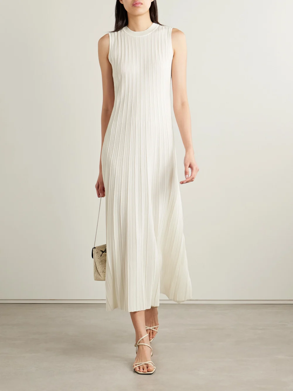 Veronica de Piante Zeta Ribbed-knit Silk Midi Dress, worn by a model