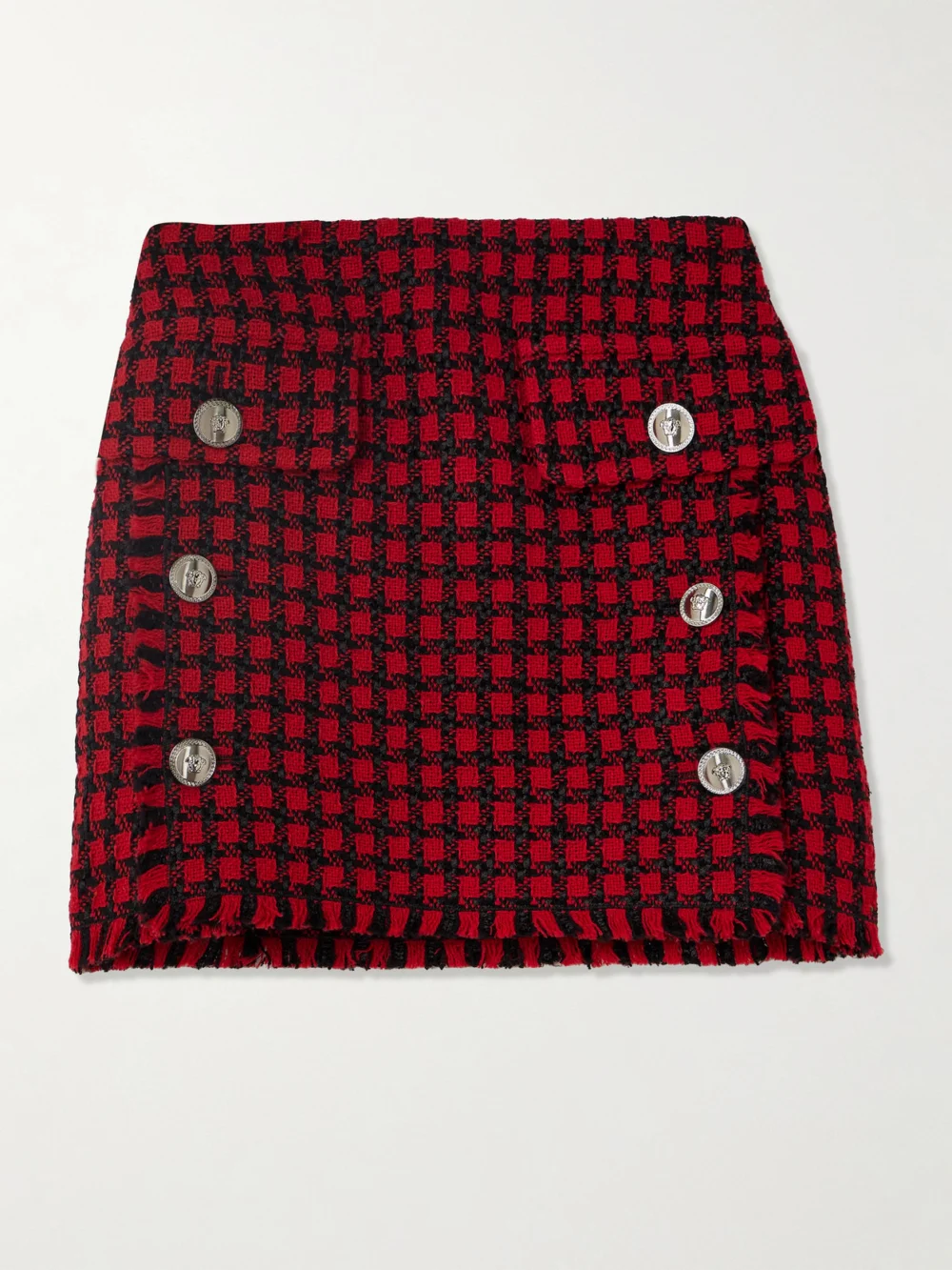 Versace Button-embellished Frayed Checked Tweed Mini Skirt in red