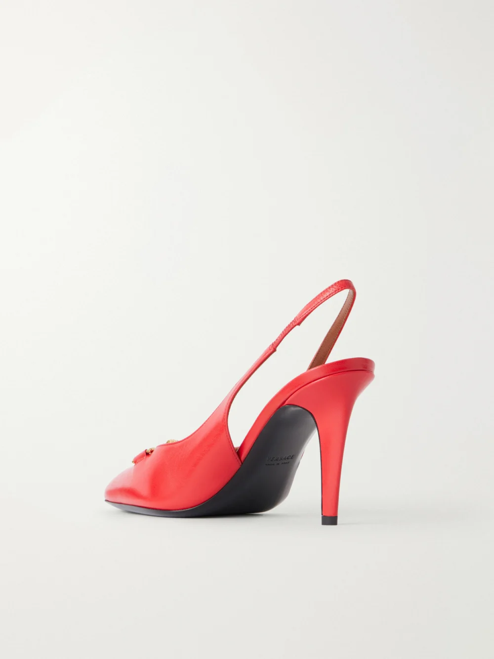 Back view of the Versace Clelia 90 Medusa-embellished Leather Slingback Pumps
