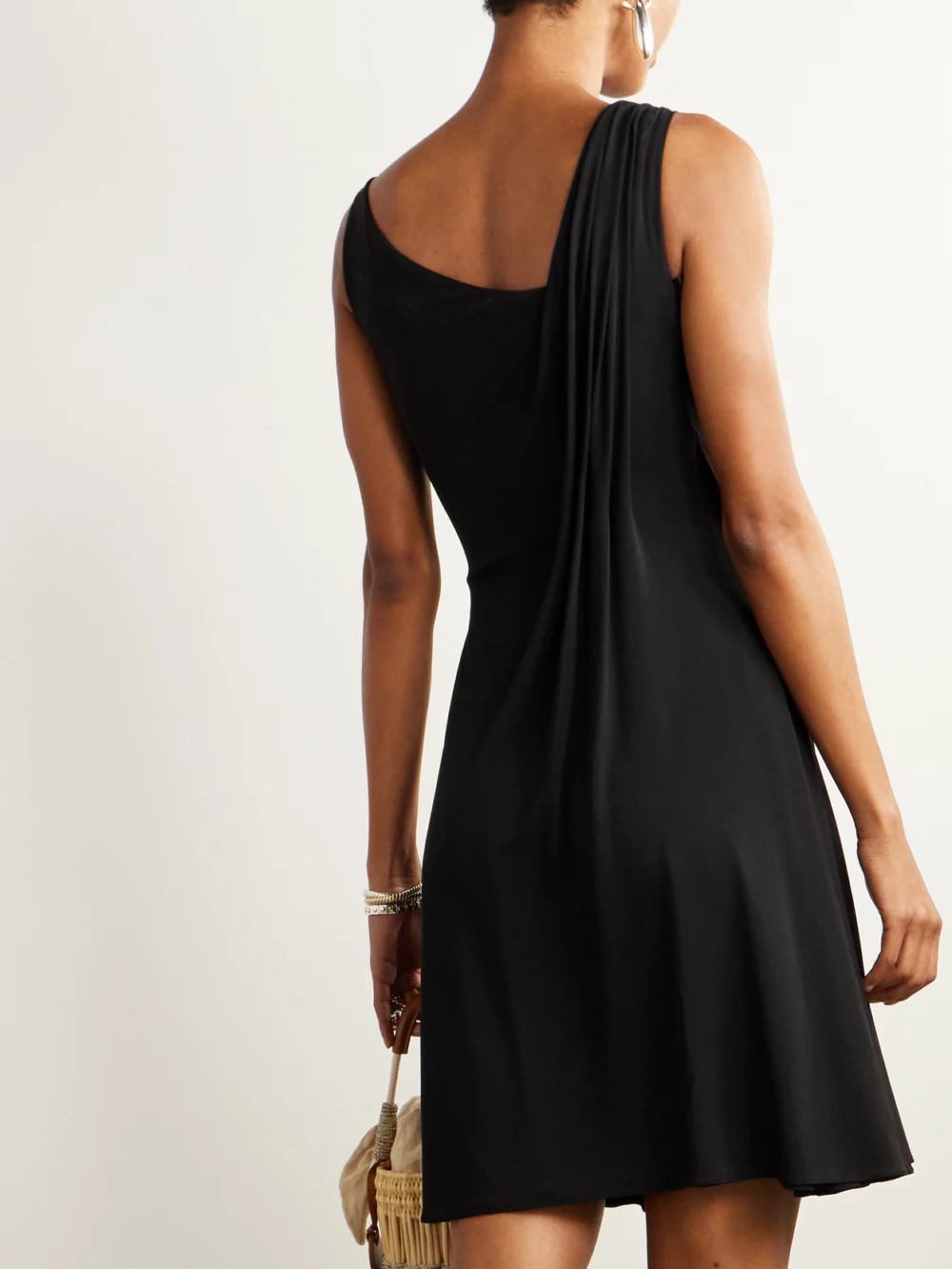 Back view of the Versace Embellished Draped Crepe-jersey Mini Dress