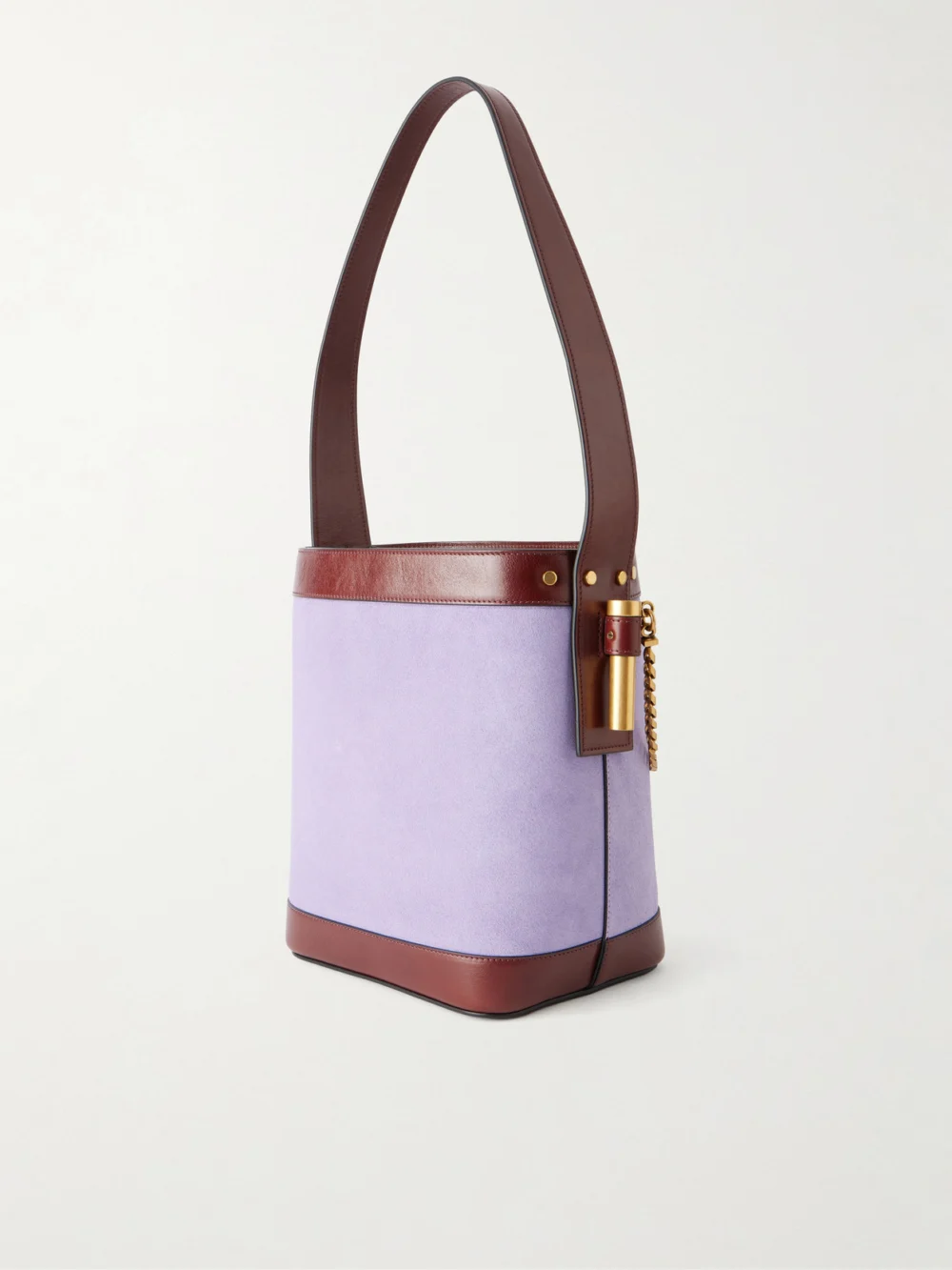 Back view of the Versace Pivot Leather-trimmed Suede Bucket Bag