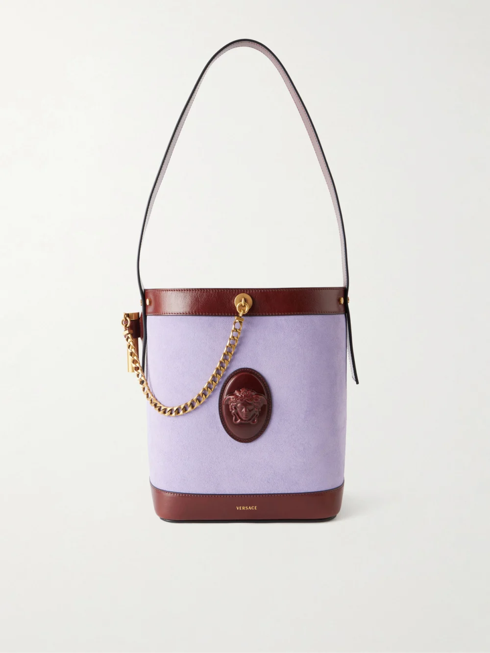 Versace Pivot Leather-trimmed Suede Bucket Bag in lilac