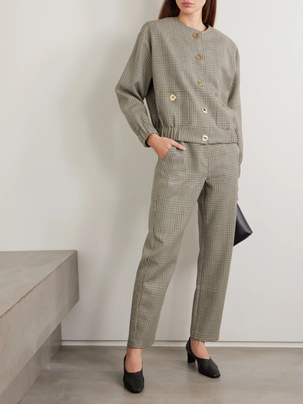 Violante Nessi New York Houndstooth Wool Tapered Pants, worn by a model