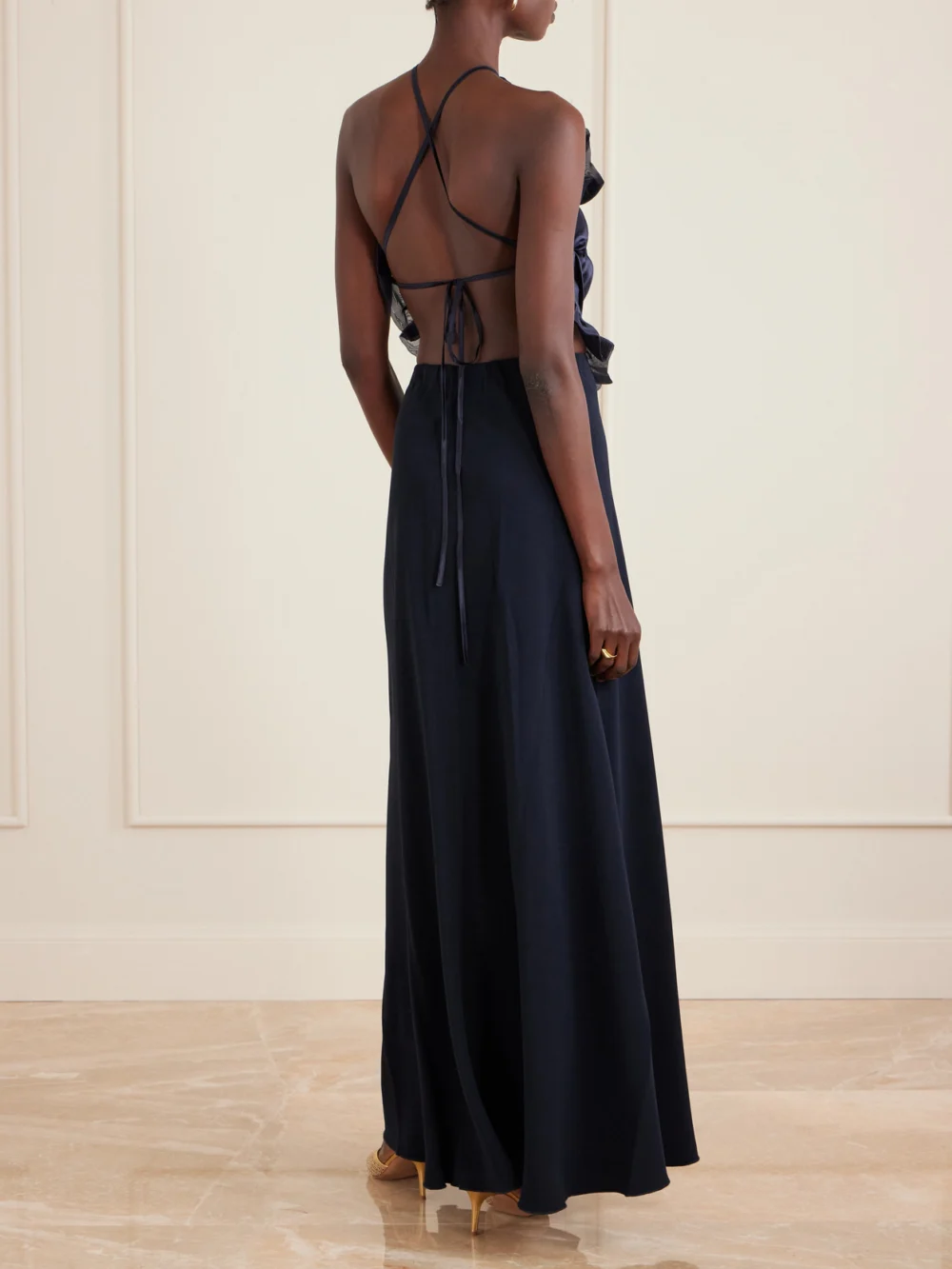 Back view of the Violante Nessi Open-back Ruched Ruffled Organza-trimmed Silk-satin Halterneck Gown