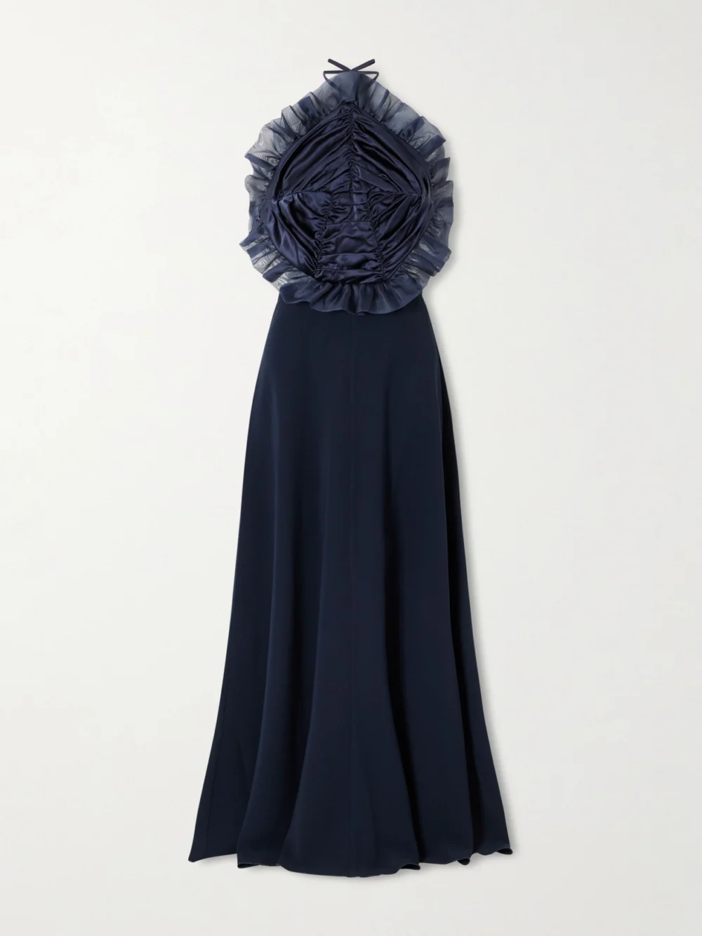 Violante Nessi Open-back Ruched Ruffled Organza-trimmed Silk-satin Halterneck Gown in navy