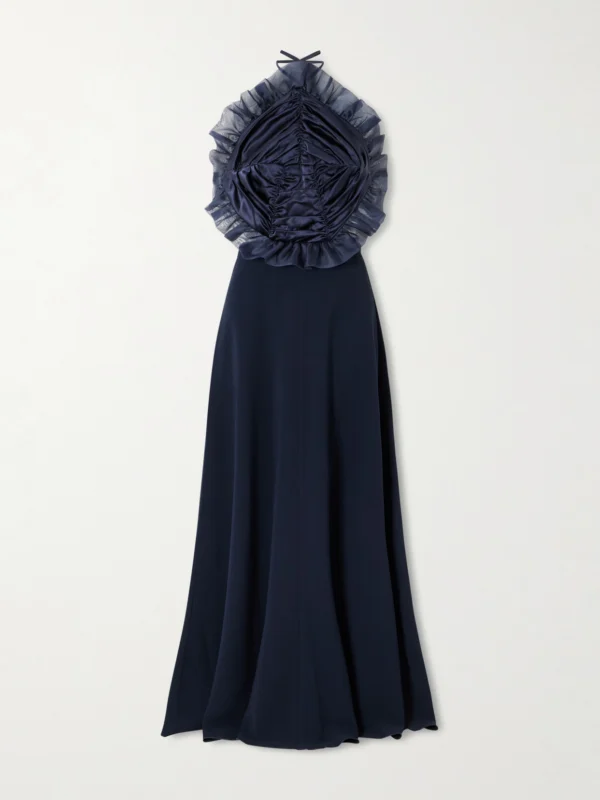 Violante Nessi Open-back Ruched Ruffled Organza-trimmed Silk-satin Halterneck Gown