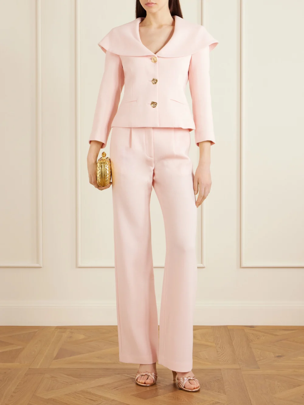 Violante Nessi Rota Belted Pleated Wool-crepe Straight-leg Pants, worn by a model