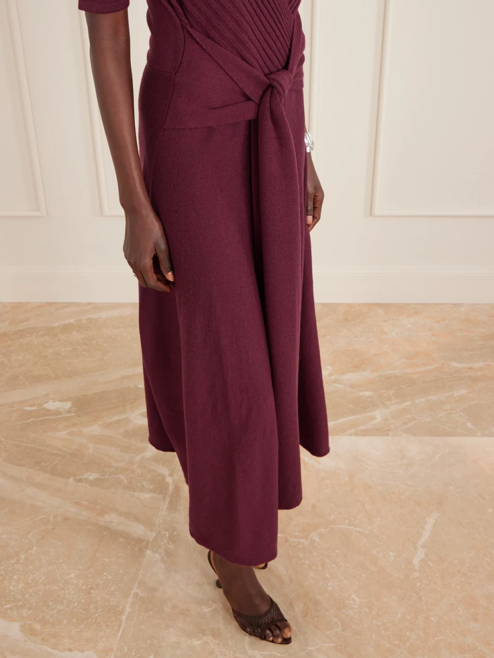 Close-up detail of the Violante Nessi Takashi Tie-detailed Ribbed Merino Wool Midi Dress