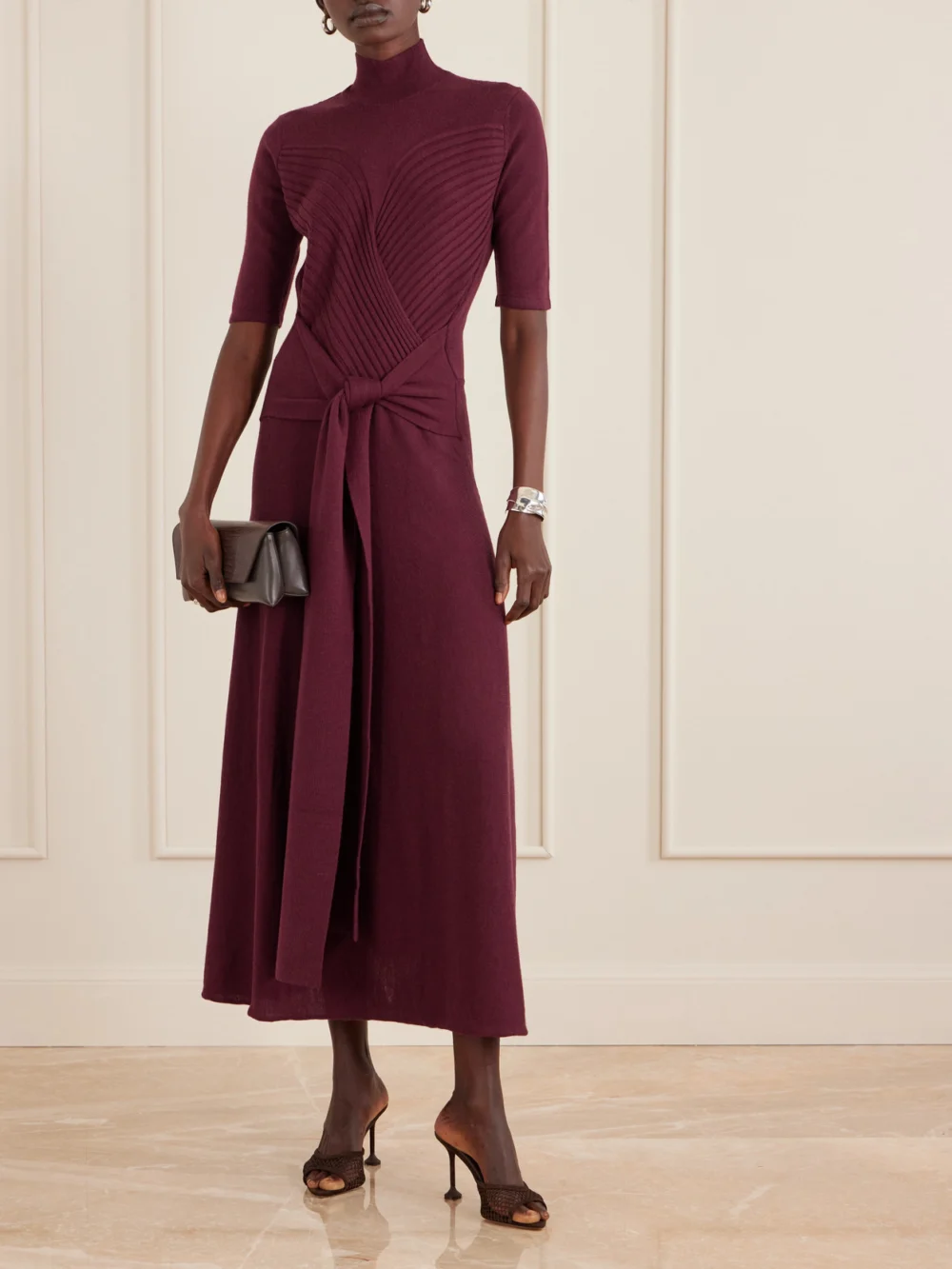 Violante Nessi Takashi Tie-detailed Ribbed Merino Wool Midi Dress, worn by a model