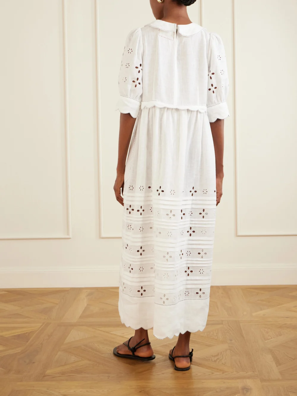 Back view of the Vita Kin Bari Tie-detailed Broderie Anglaise-trimmed Linen Midi Dress