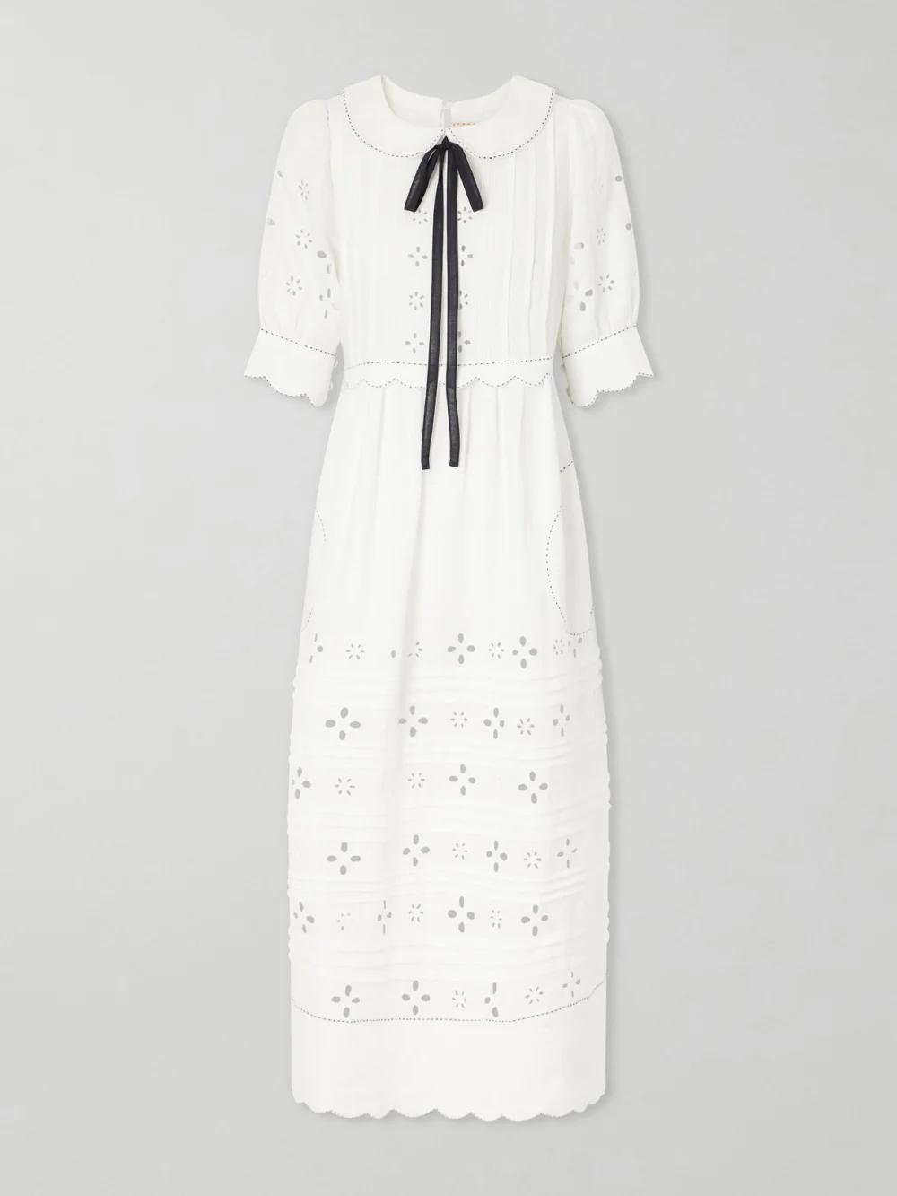 Vita Kin Bari Tie-detailed Broderie Anglaise-trimmed Linen Midi Dress in white