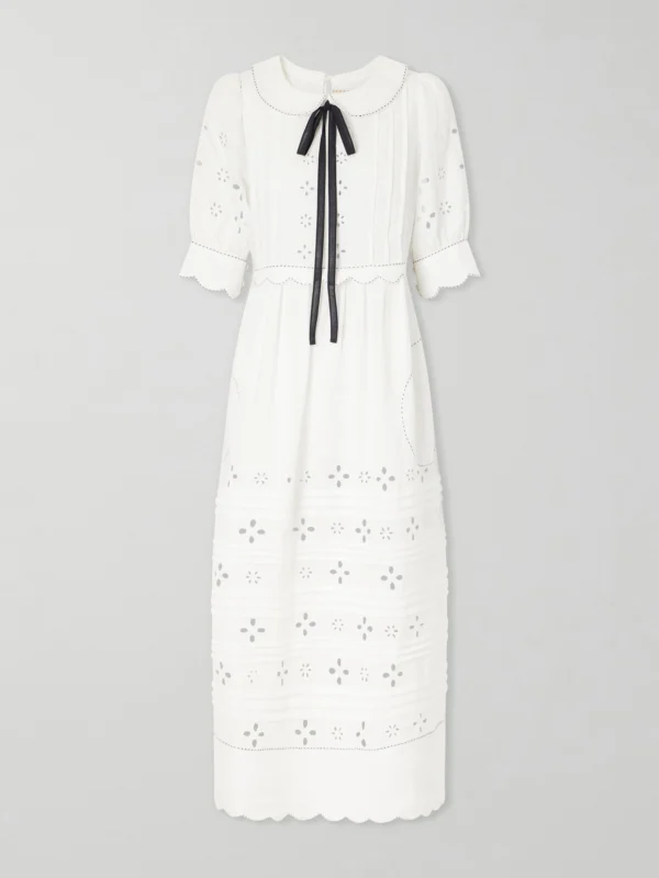 Vita Kin Bari Tie-detailed Broderie Anglaise-trimmed Linen Midi Dress
