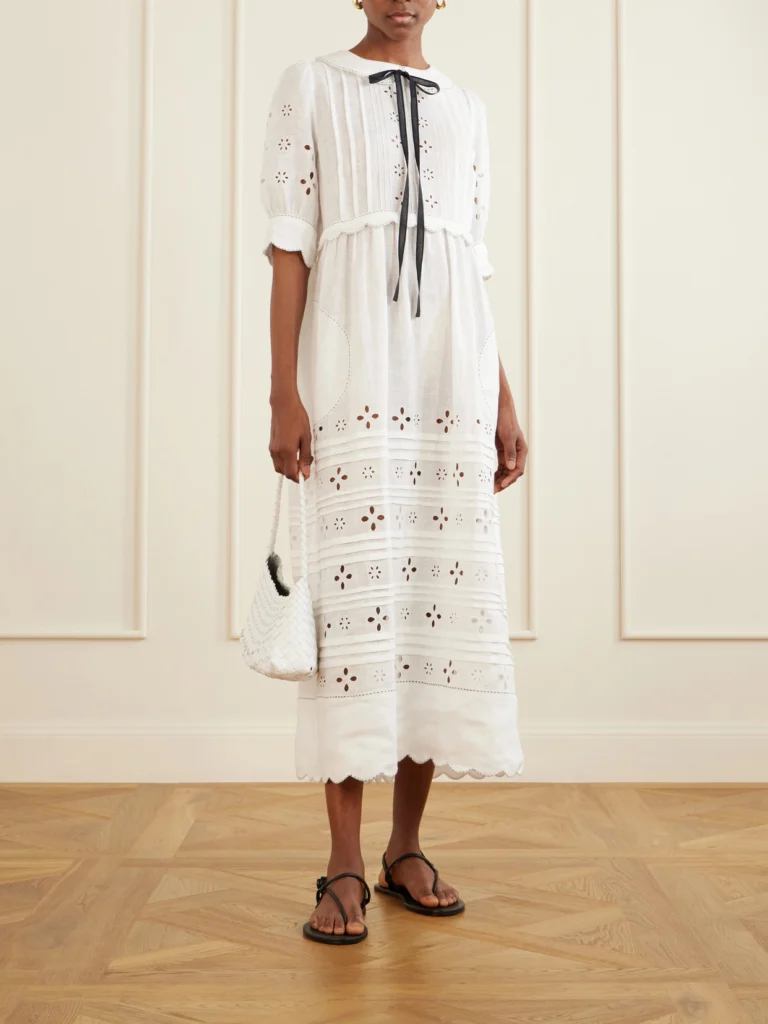 Vita Kin Bari Tie-detailed Broderie Anglaise-trimmed Linen Midi Dress