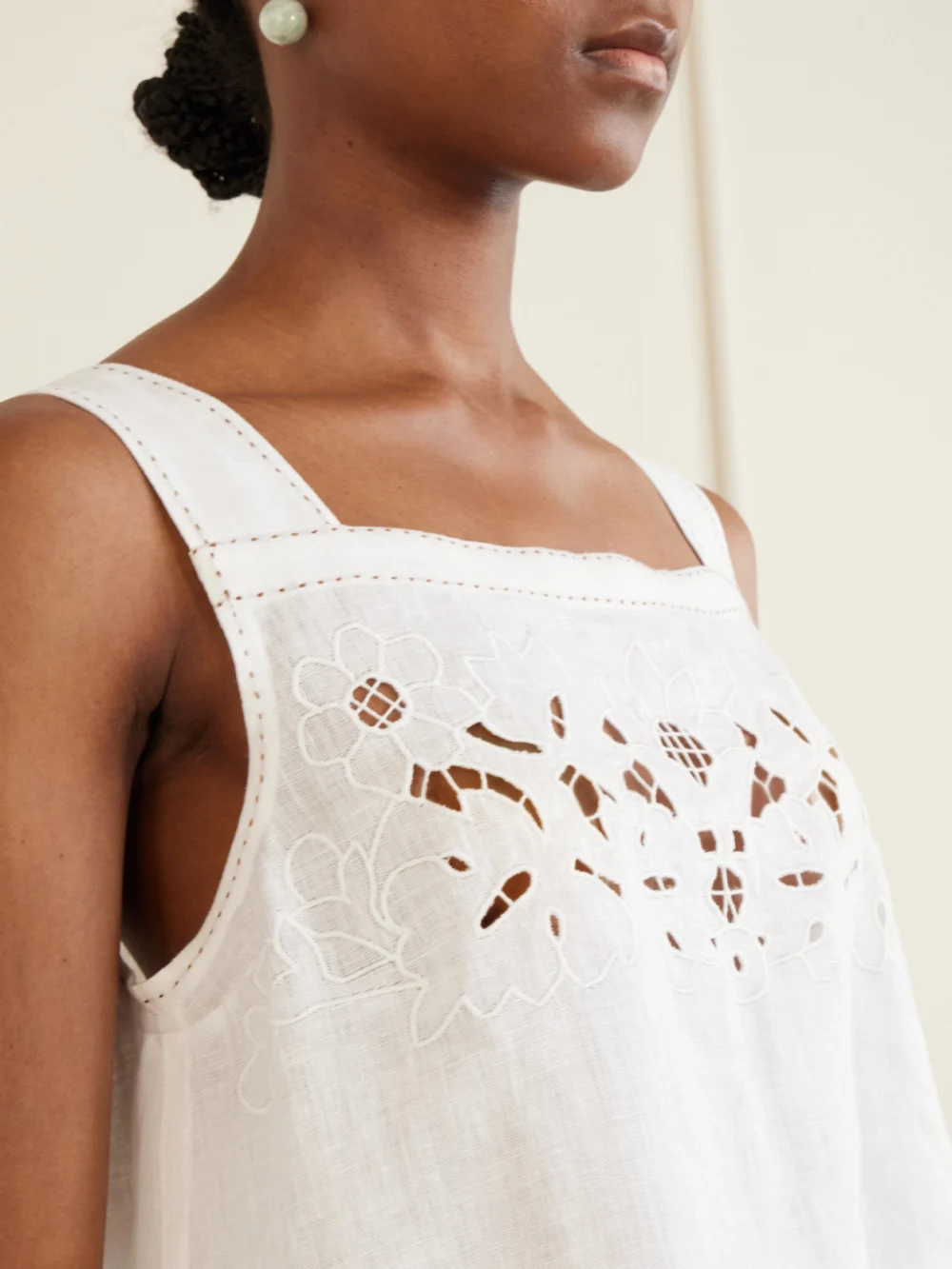 Close-up detail of the Vita Kin Galatea Broderie Anglaise-trimmed Linen Mini Dress