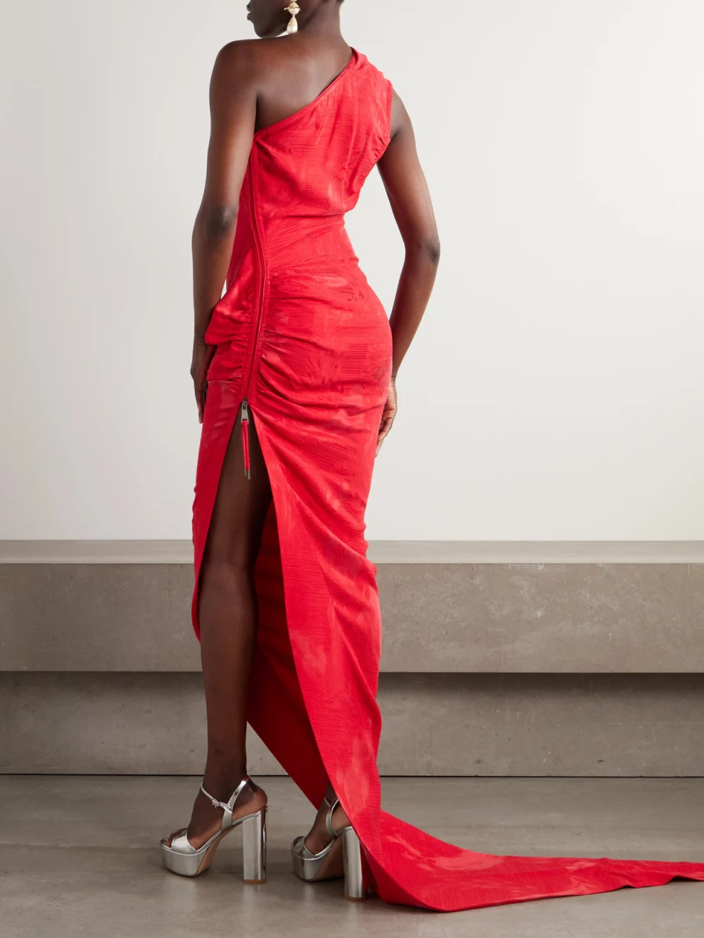 Back view of the Vivienne Westwood Andreas One-shoulder Gathered Jacquard Gown