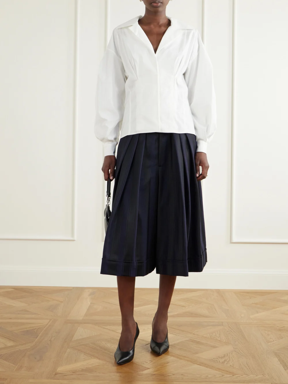 Vivienne Westwood Striped Satin-wool Culotte Shorts, worn by a model