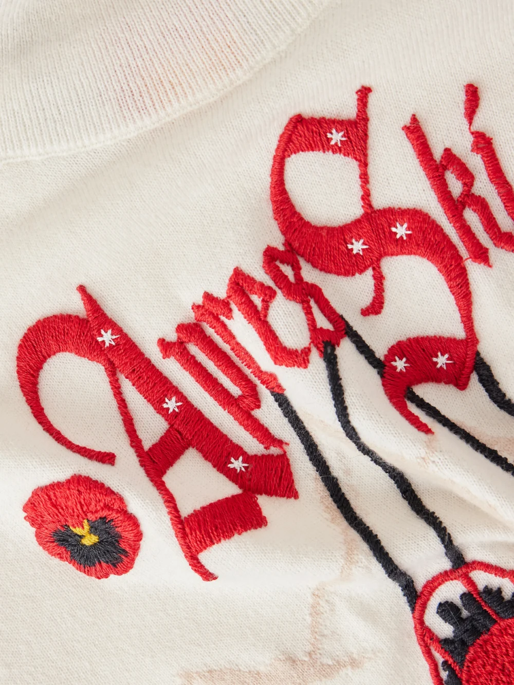 Close-up detail of the We Norwegians + Markarian Aprés Ski Embroidered Jacquard-knit Wool and Cashmere-blend Turtleneck Sweat