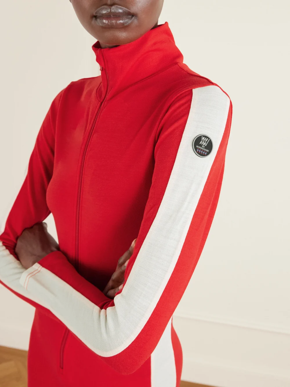 Close-up detail of the We Norwegians Voss Two-tone Wool-blend Jumpsuit