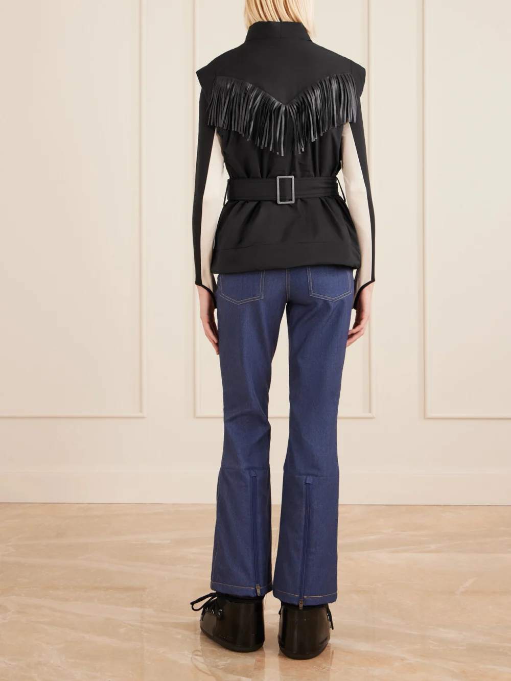 Back view of the We Norwegians Western Belted Fringe-trimmed Ski Vest
