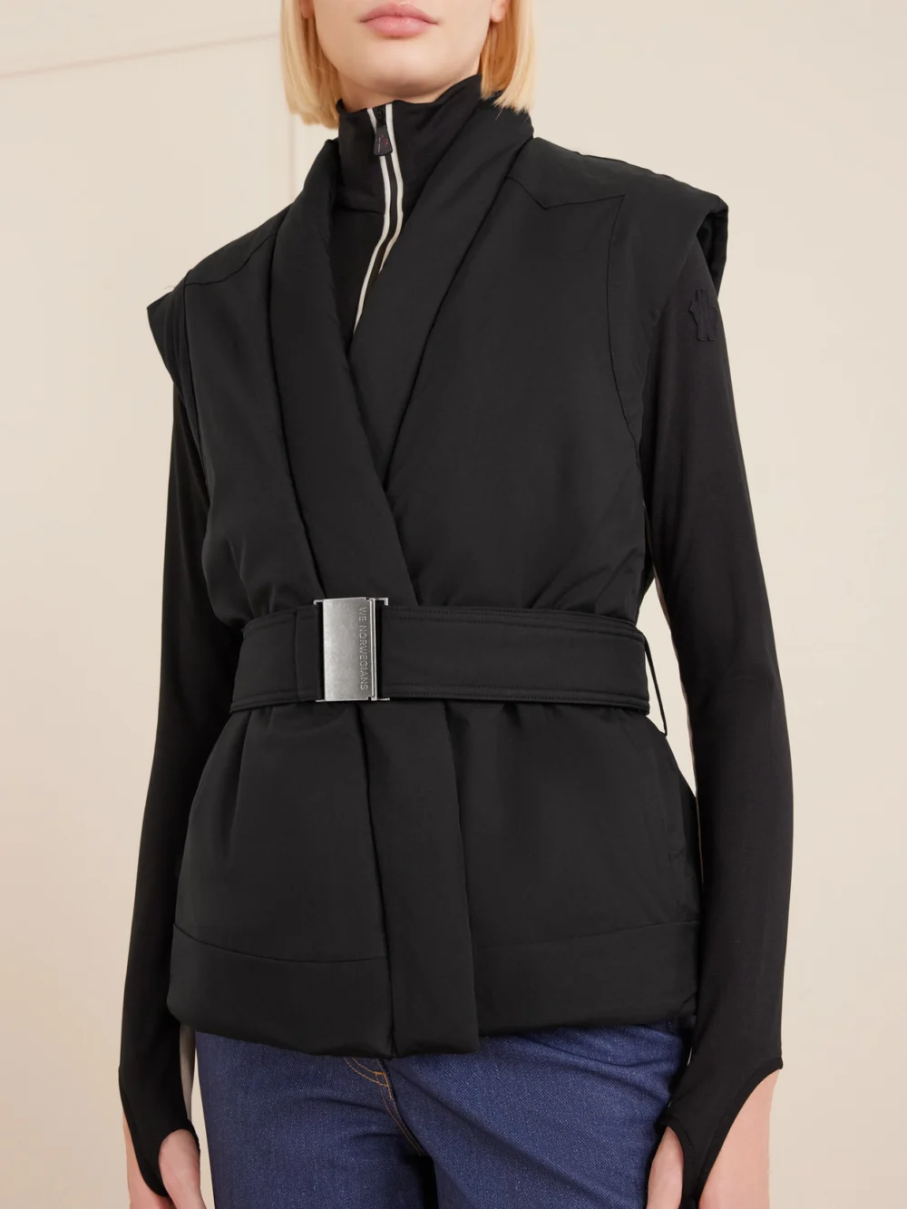 Close-up detail of the We Norwegians Western Belted Fringe-trimmed Ski Vest