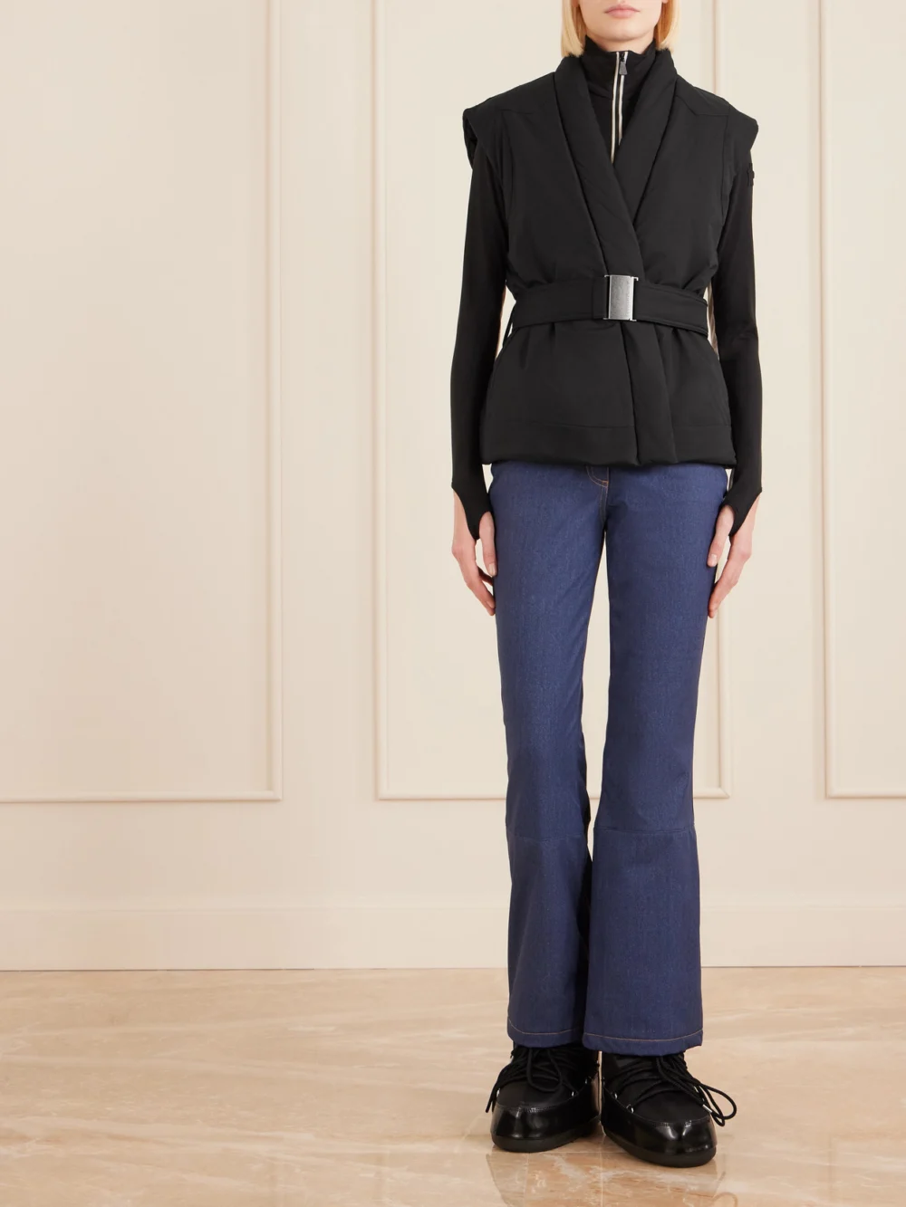 We Norwegians Western Belted Fringe-trimmed Ski Vest, worn by a model