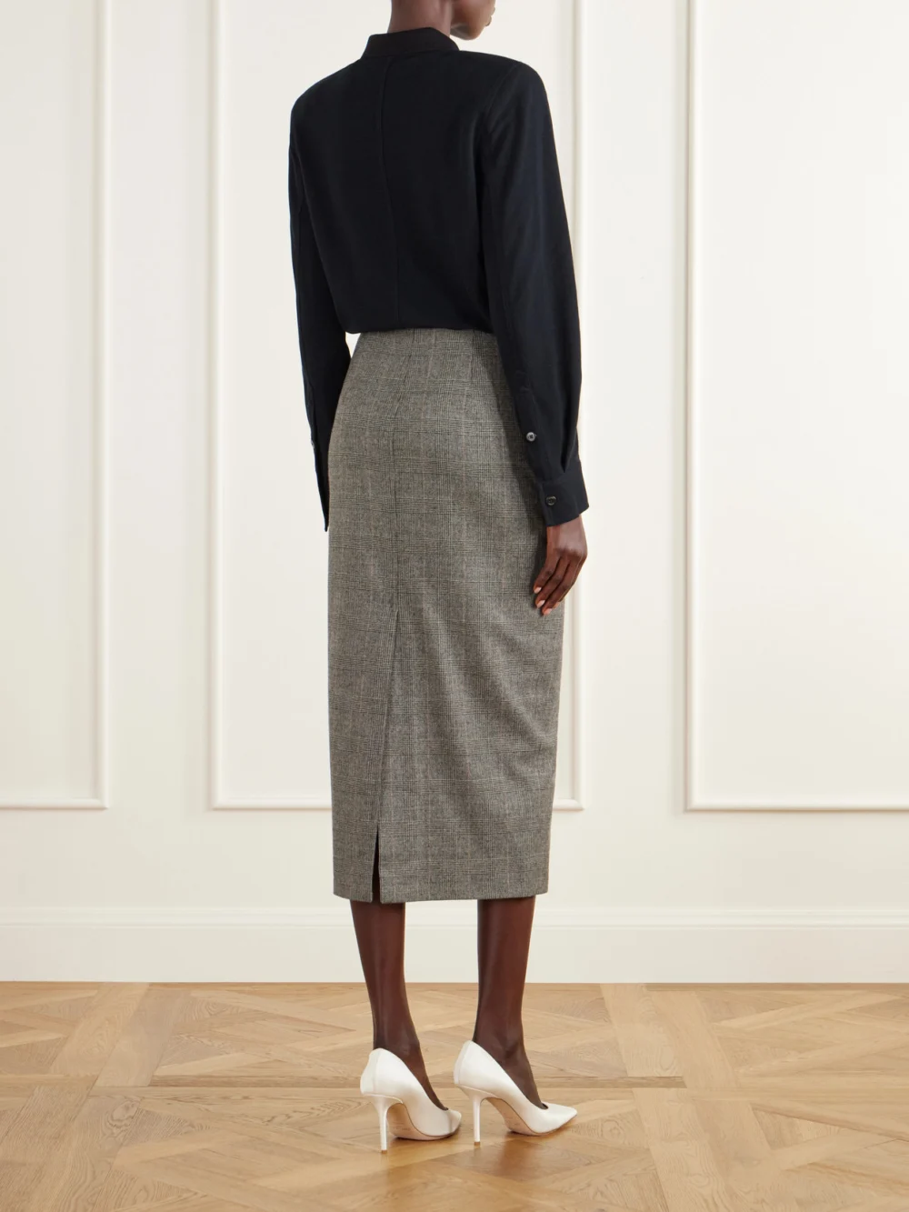 Back view of the Willy Chavarria Polo Wool-blend Piqué and Prince of Wales Checked Midi Dress