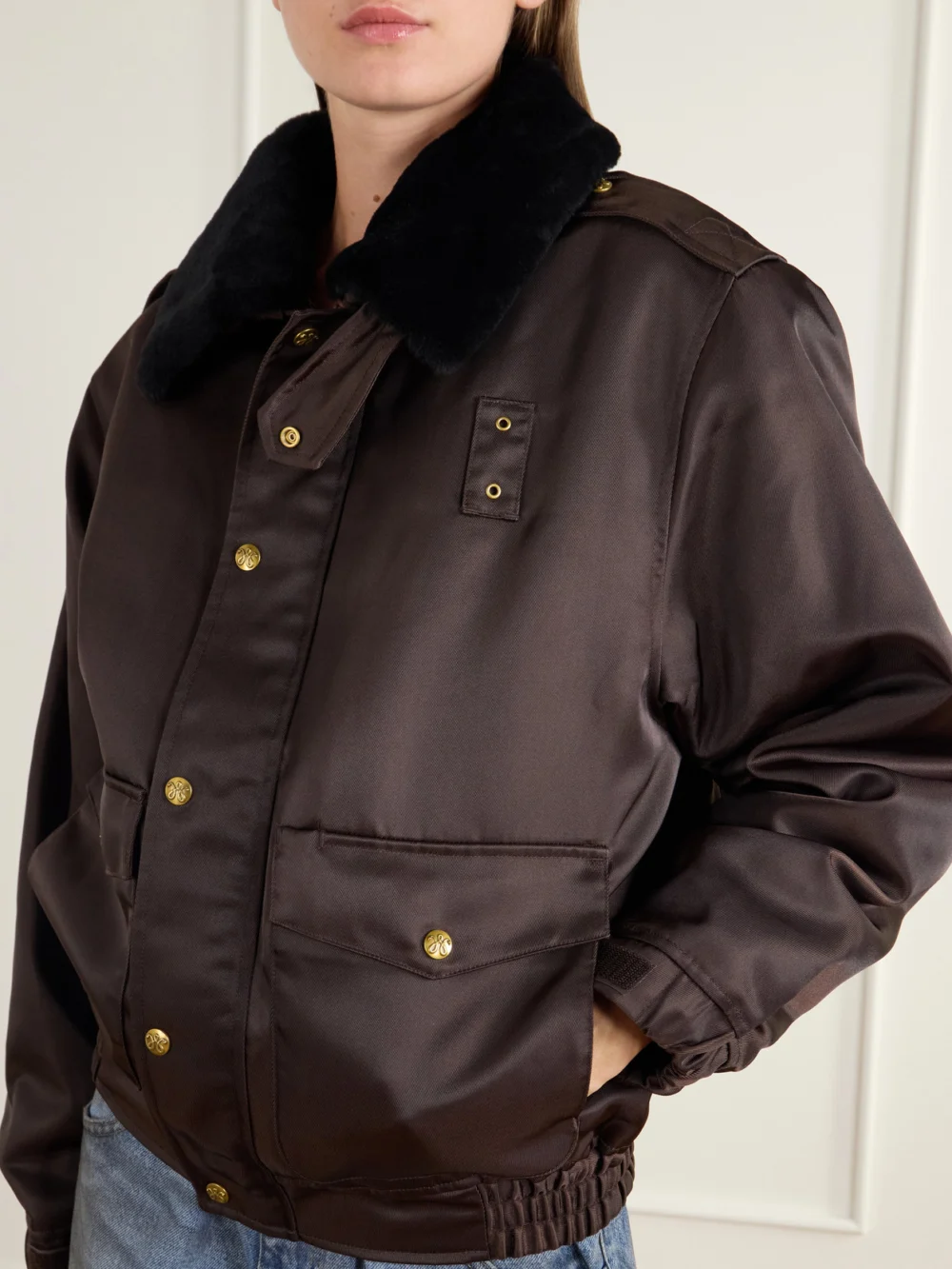 Close-up detail of the Willy Chavarria Uniform Plush-trimmed Twill Bomber Jacket