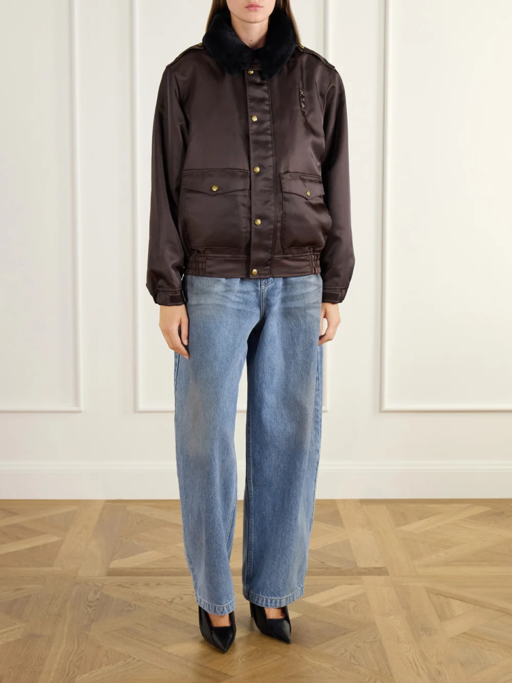 Willy Chavarria Uniform Plush-trimmed Twill Bomber Jacket, worn by a model