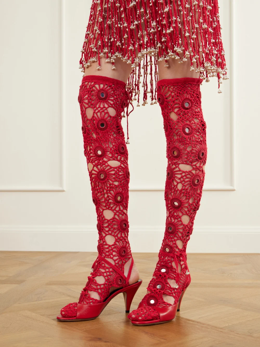 Yoshita 1967 Embellished Cotton Crochet-knit Stockings, worn by a model