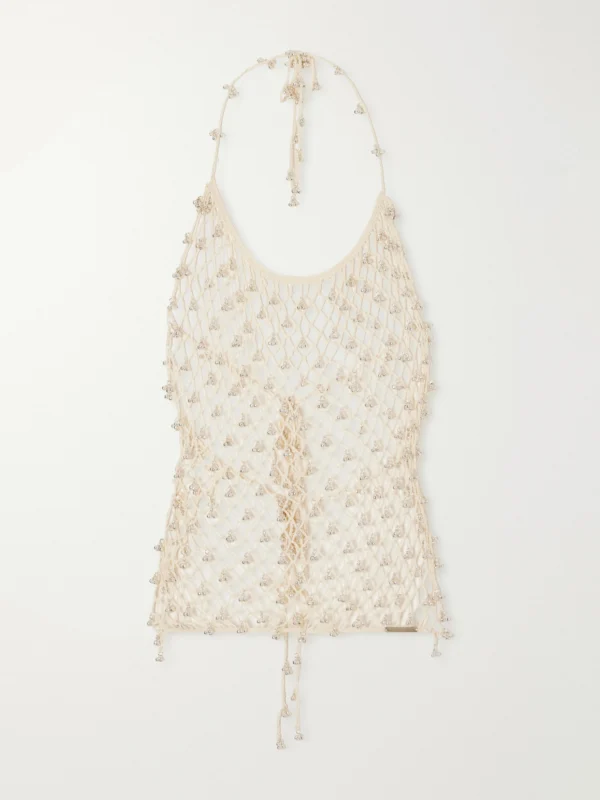 Yoshita 1967 Lilian Embellished Cotton Crochet-knit Halterneck Top