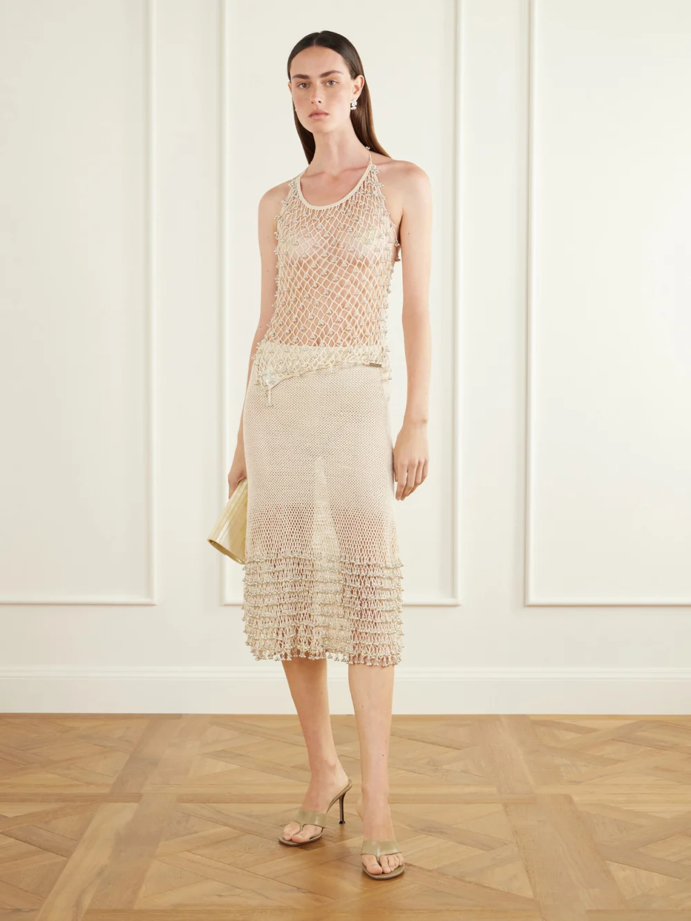 Yoshita 1967 Lilian Embellished Cotton Crochet-knit Halterneck Top, worn by a model