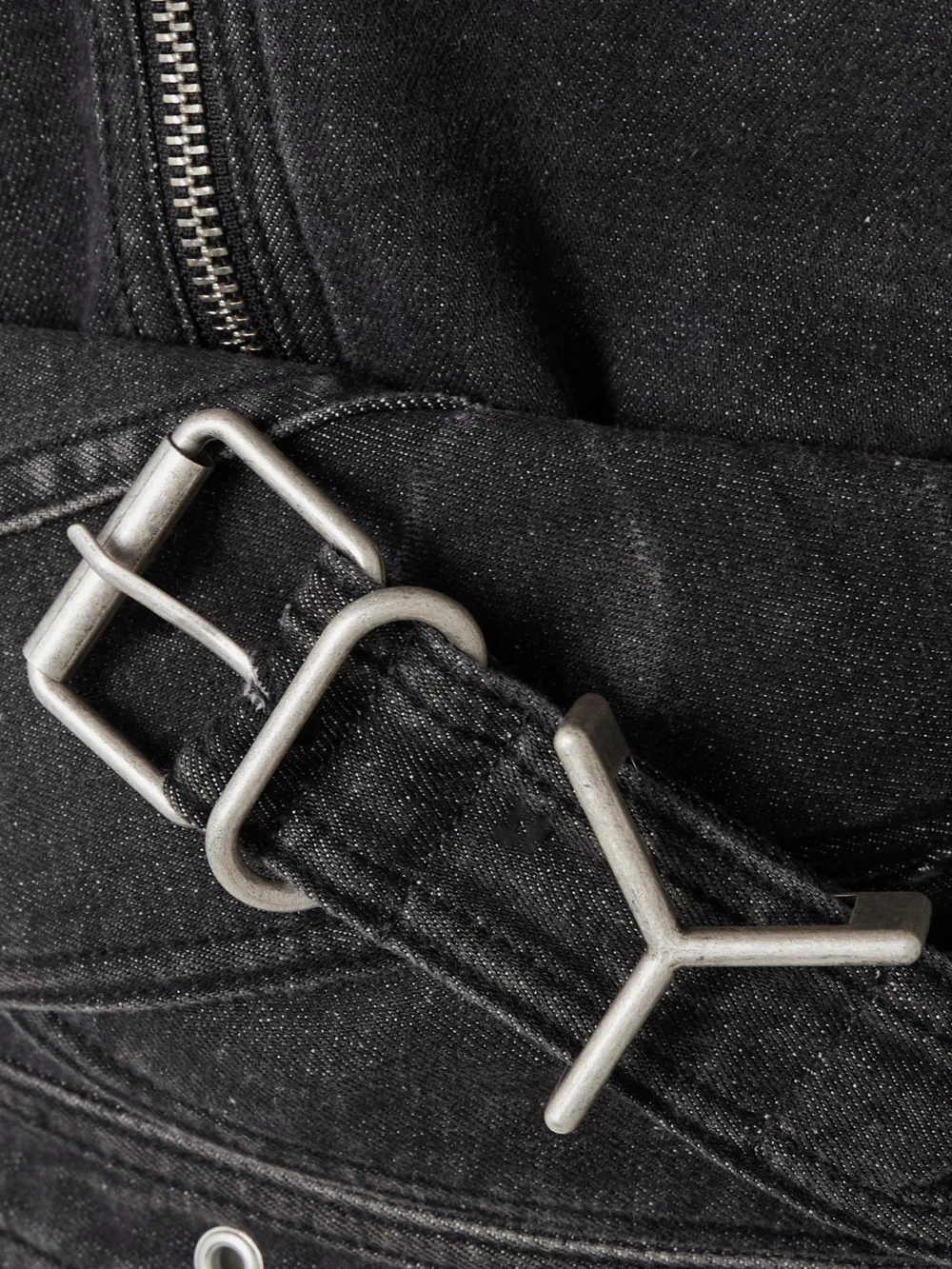 Close-up detail of the Y/Project Cutout Bleached Denim Wrap Jacket