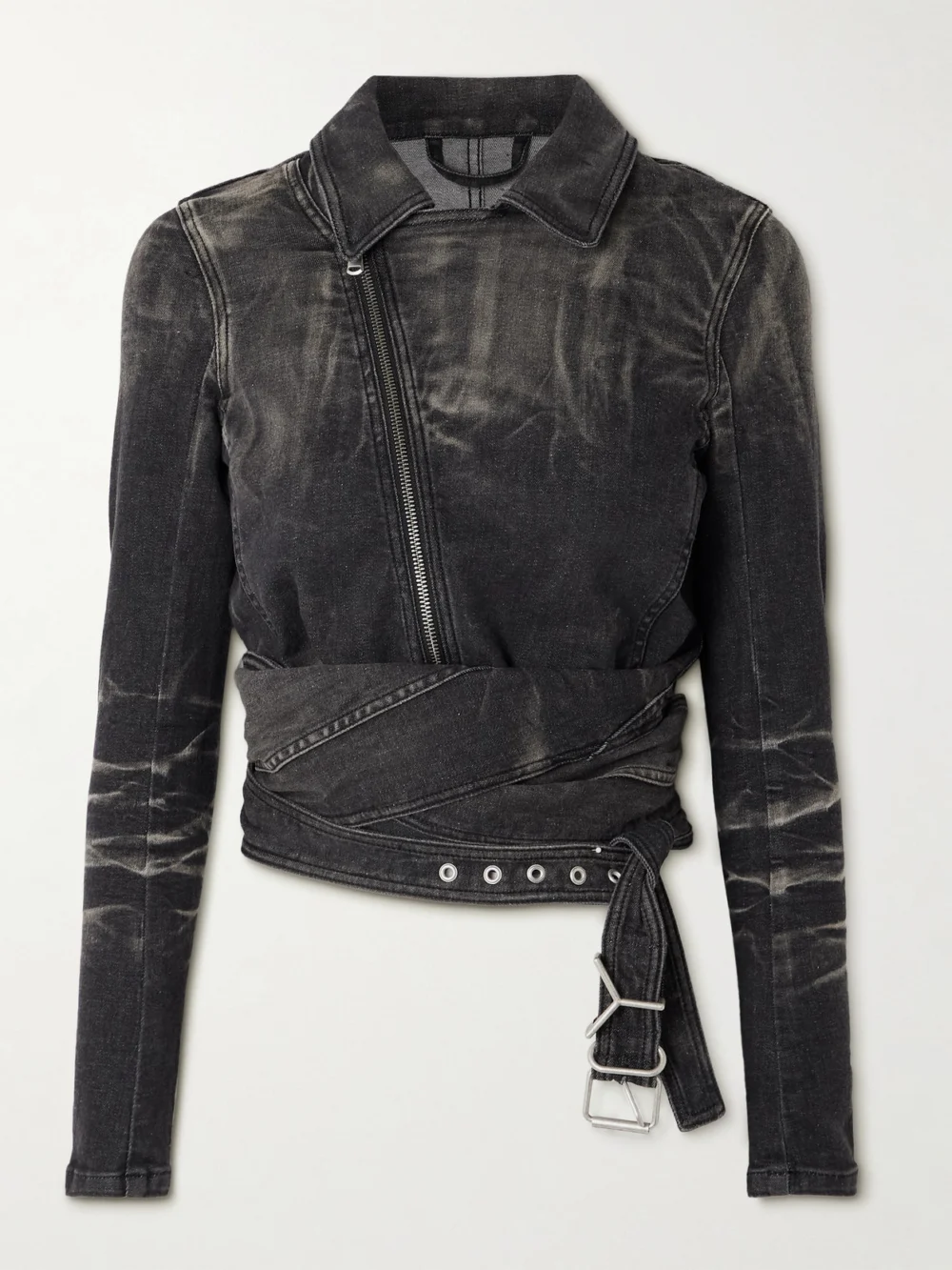 Y/Project Cutout Bleached Denim Wrap Jacket in black