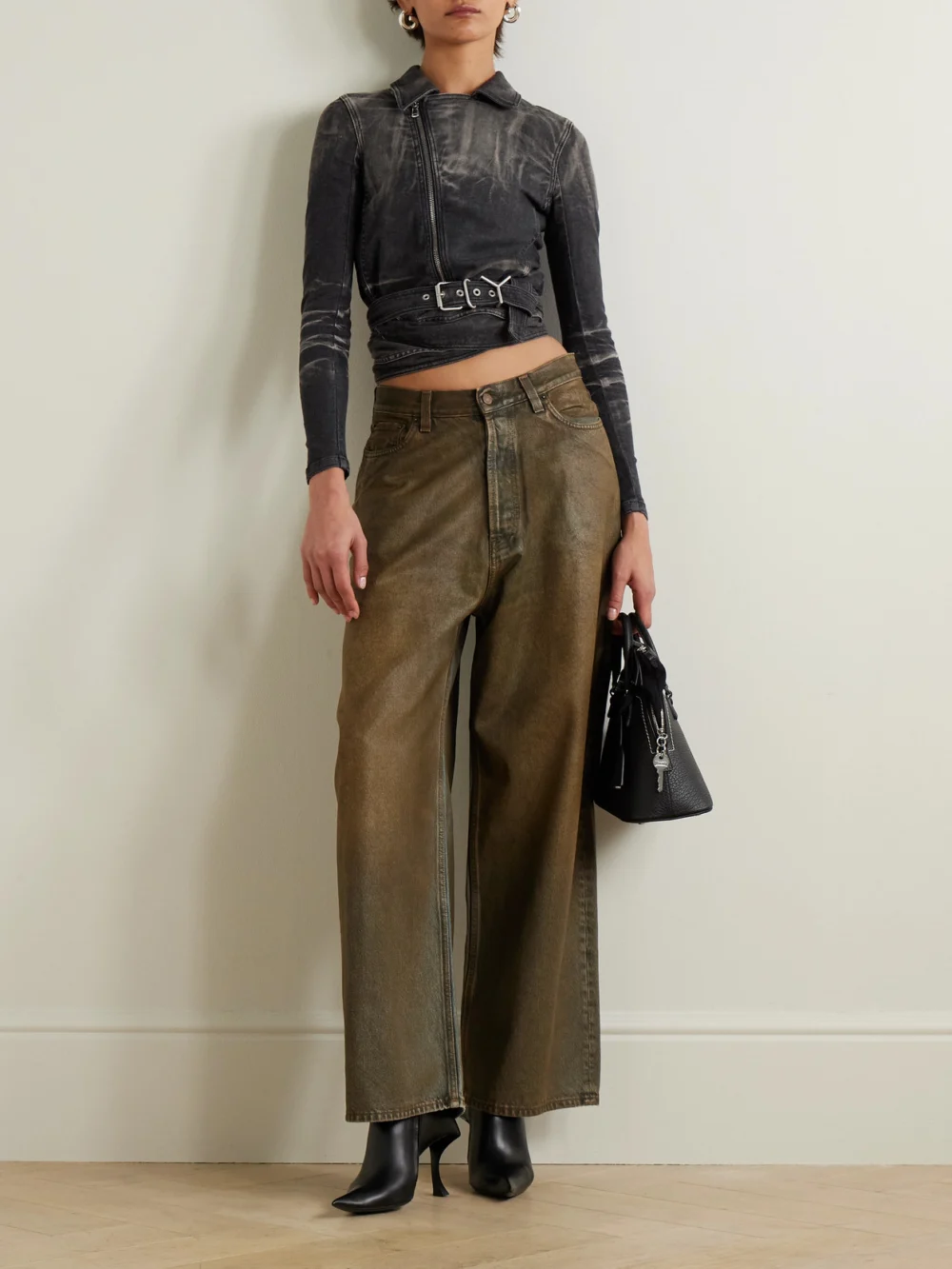 Y/Project Cutout Bleached Denim Wrap Jacket, worn by a model