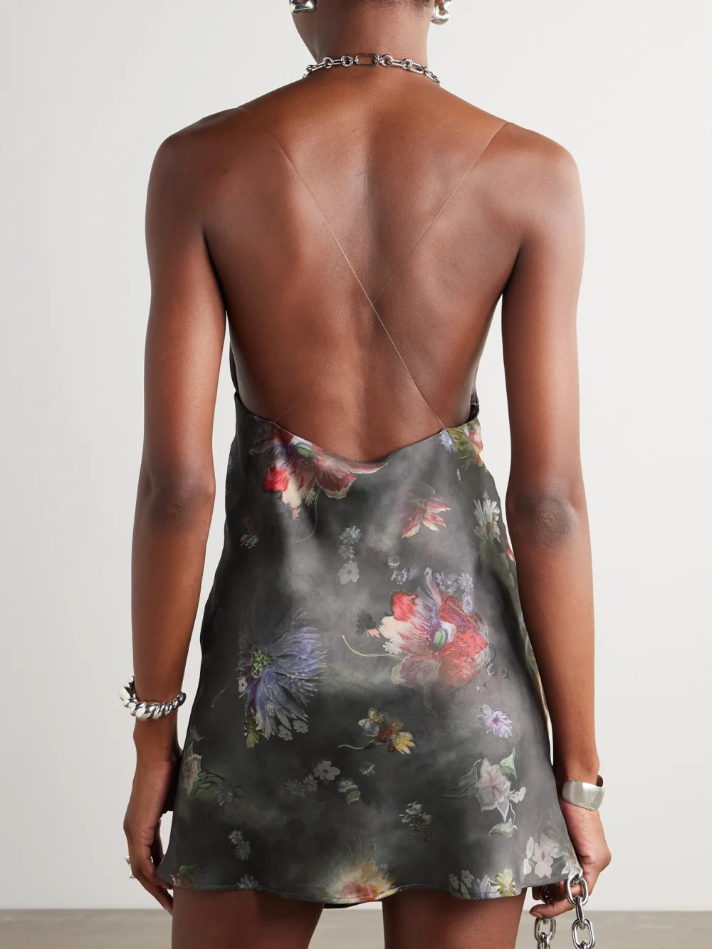 Back view of the Y/Project Floral-print Recycled-satin Mini Dress