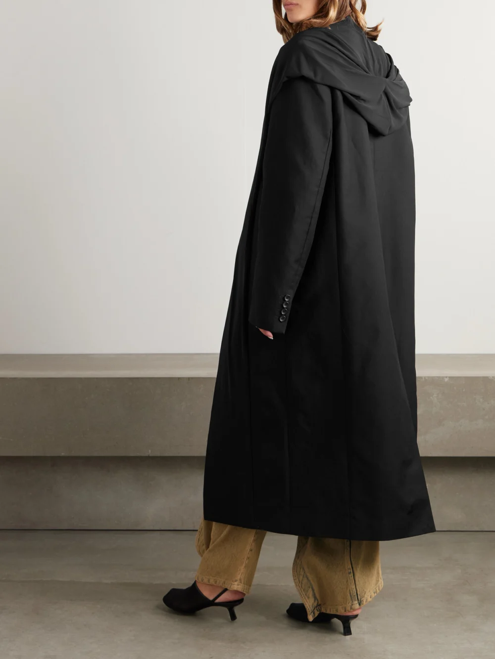 Back view of the Y/Project Hooded Draped Cotton Coat