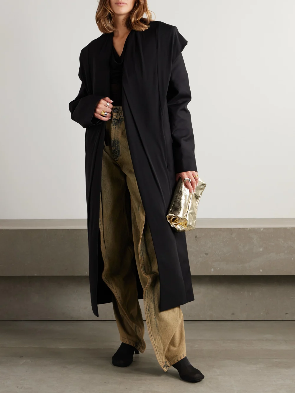 Y/Project Hooded Draped Cotton Coat, worn by a model