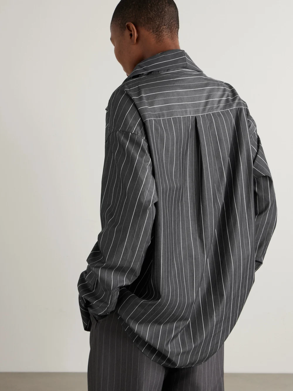 Back view of the Y/Project Pinstriped Jersey-trimmed Organic Cotton-poplin Shirt